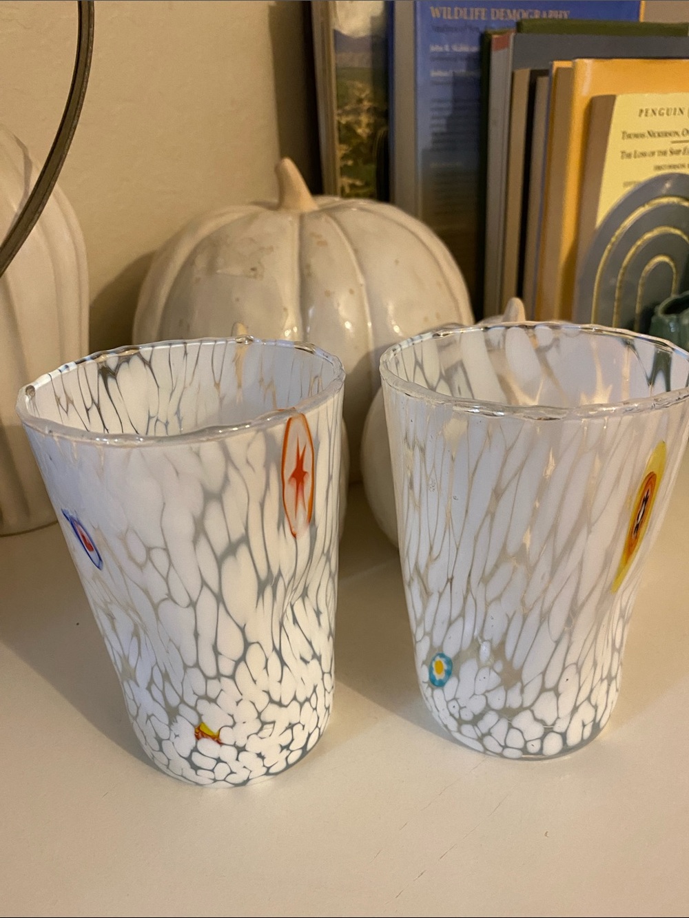 Handblown Murano White Cloud Millefiori Art Glass Tumblers with Dimples